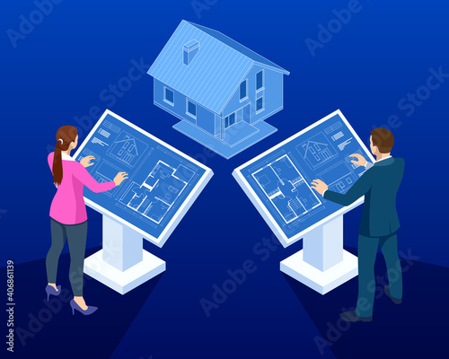 Isometric house architectural project. Virtual interactive interface. Engineer uses the virtual interface for augmented reality in the architectural design of the house.