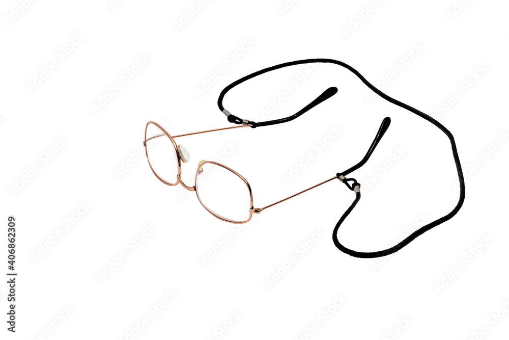 Old Pair of Reading Glasses With Neck Cord On White Old Pair of Reading Glasses With Neck Cord On White