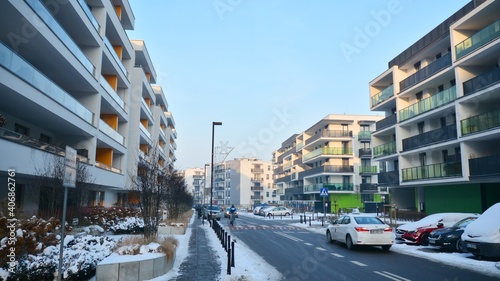 A modern residential area on a frosty winter morning. © Grand Warszawski
