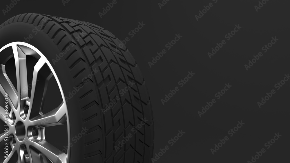 Sports car tires, isolated on black background. Three-dimensional illustration