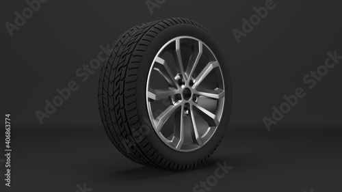 Sports car tires, isolated on black background. Three-dimensional illustration