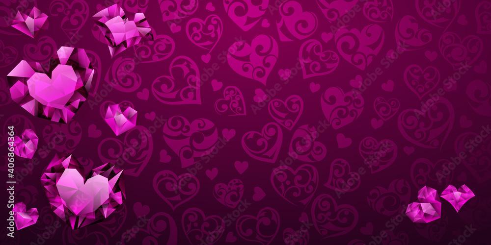 Background of big, small and several crystal hearts in purple colors. Illustration on Valentine Day Background of big, small and several crystal hearts in purple colors. Illustration on Valentine Day