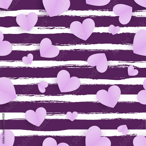 Seamless patterns with colorful lilac hearts, on purple decorative stripes.