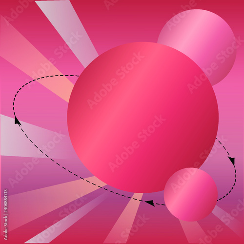 Abstract pink planets in a pink sky, with emanating rays of light, embellished with a dotted line encircling the largest planet