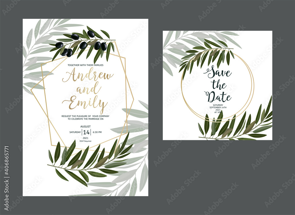 Wedding invitation card with  gold geometric frame ans hand drawn olive branches. Save the Date card template