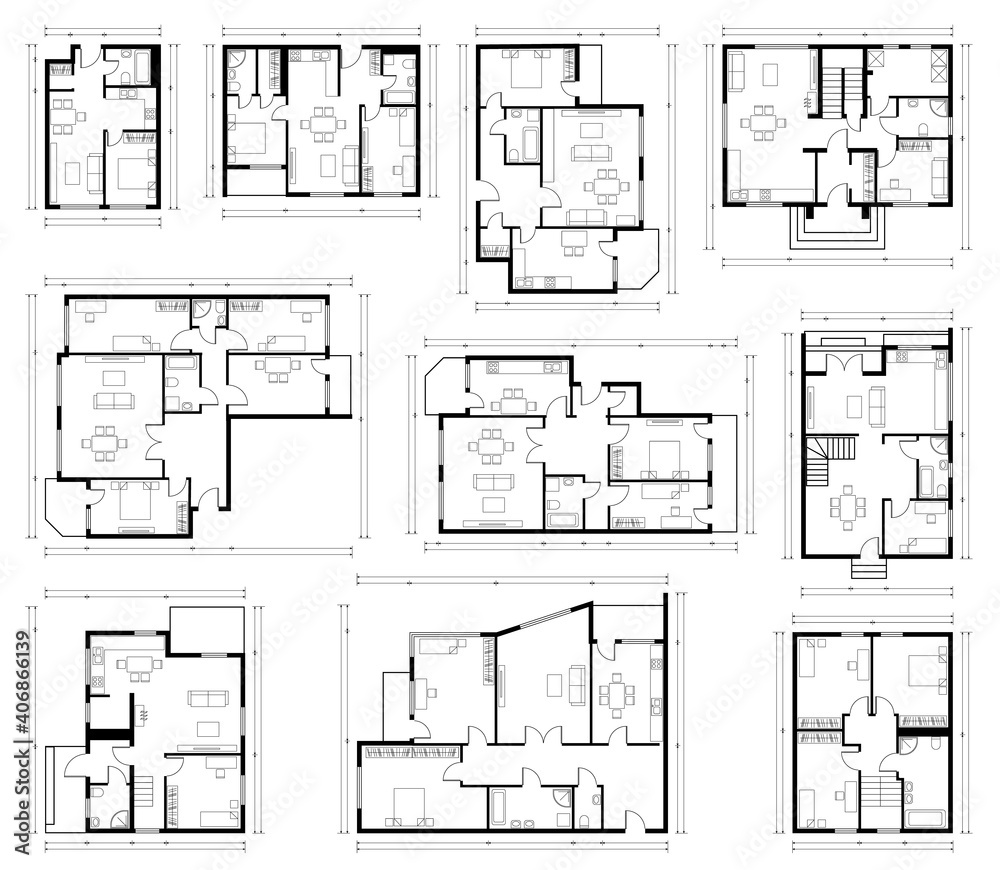 Architecture design, blueprint plan. Set of different black and white house floor plans isolated on white - obrazy, fototapety, plakaty 