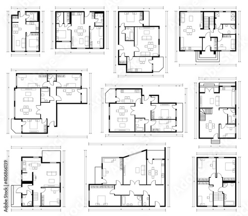 Architecture design, blueprint plan. Set of different black and white house floor plans isolated on white