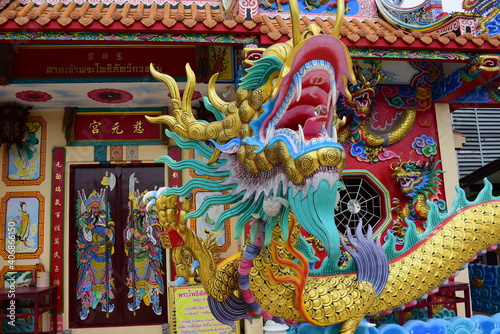 Chinese art shrine in Thailand. It is the worship of people in Chonburi  Thailand. Chinese sculpture Made of stone decorated inside the shrine area. Chinese dragon statue Chinese decoration According