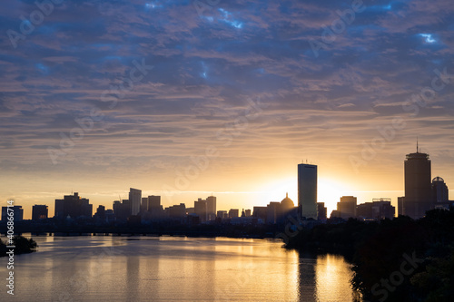 The sunrise over the Boston Cityscape
