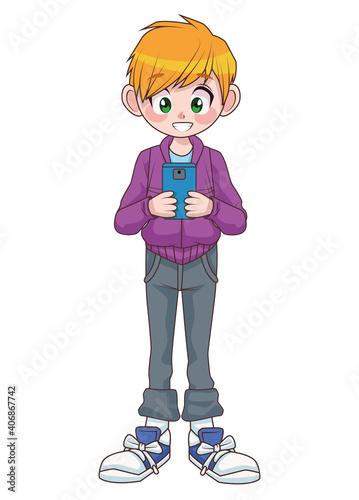 young teenager boy kid using smartphone character