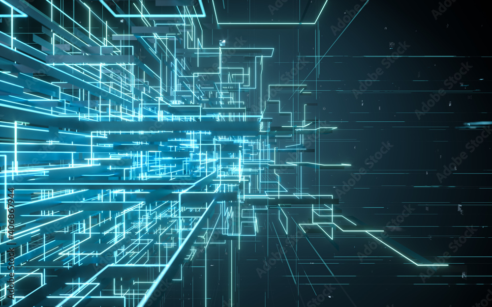 Fototapeta premium Glowing electronics lines with circuit structure, 3d rendering.