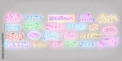 Vector set of realistic isolated neon sign of Hello logo for invitation decoration and covering on the white background. Concept of greeting, welcome and invitation.