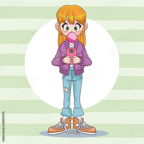 beautiful teenager girl using smartphone with Buble gum anime character