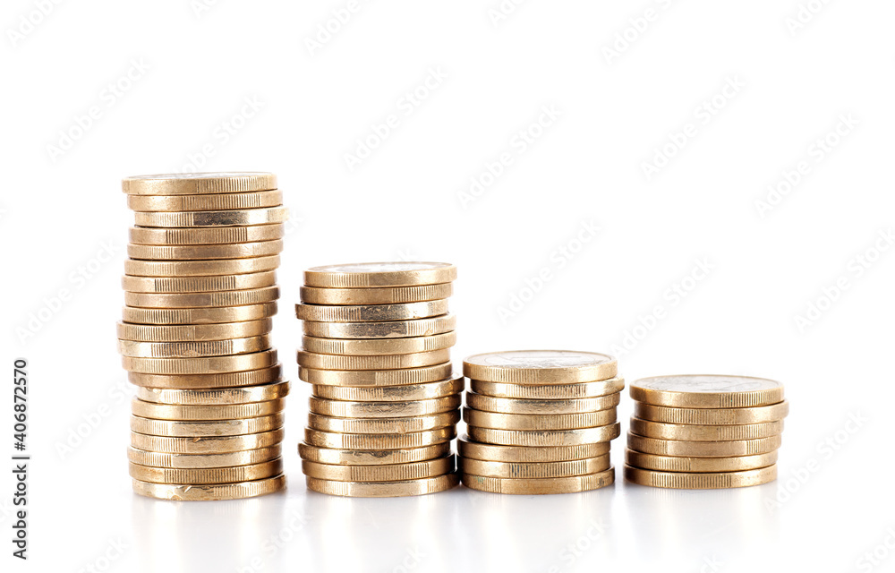 A row of decreasing euro coins on a white background A row of decreasing euro coins on a white background