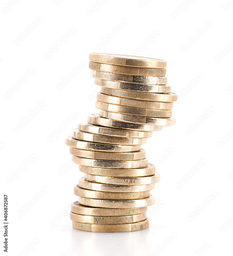 A pile of euro coins on a white background A pile of euro coins on a white background