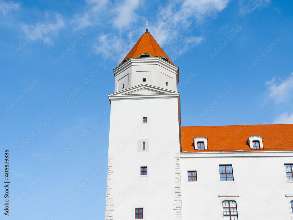 Bratislava Castle (Slovak: Bratislavský hrad) tower close up. Main castle of Bratislava, capital of Slovakia. Beautiful european architecture. Bratislava Castle (Slovak: Bratislavský hrad) tower close up. Main castle of Bratislava, capital of Slovakia. Beautiful european architecture.