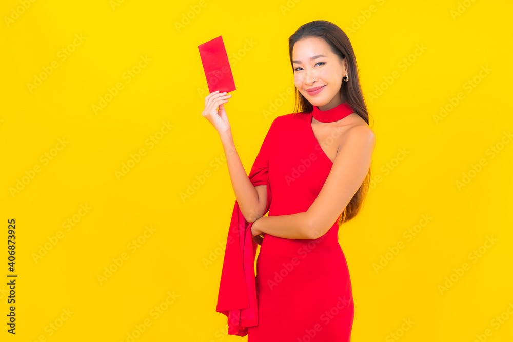 Portrait beautiful young asian woman with Red envelope letter Portrait beautiful young asian woman with Red envelope letter