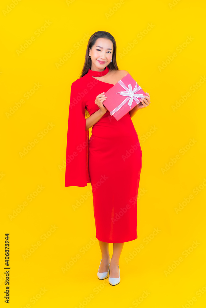 Portrait beautiful young asian woman with red gift box Portrait beautiful young asian woman with red gift box