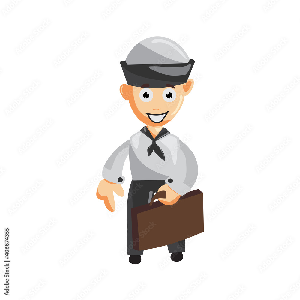 Sailor man Hold Suitcase cartoon character Vector illustration in a flat style Isolated