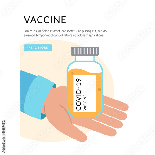 Vaccine against COVID-19 virus. Prevention injection, immunization. Coronavirus infection treatment. Bottle with vaccine in hand. Landing page template. Modern flat concept for web design.