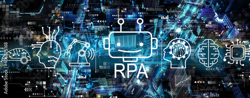 Robotic Process Automation RPA theme with aerial view of urban city at night