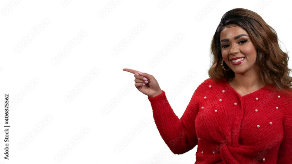 Mixed race women points straight to product or service on left side of screen on WHITE background, room for copy Mixed race women points straight to product or service on left side of screen on WHITE background, room for copy