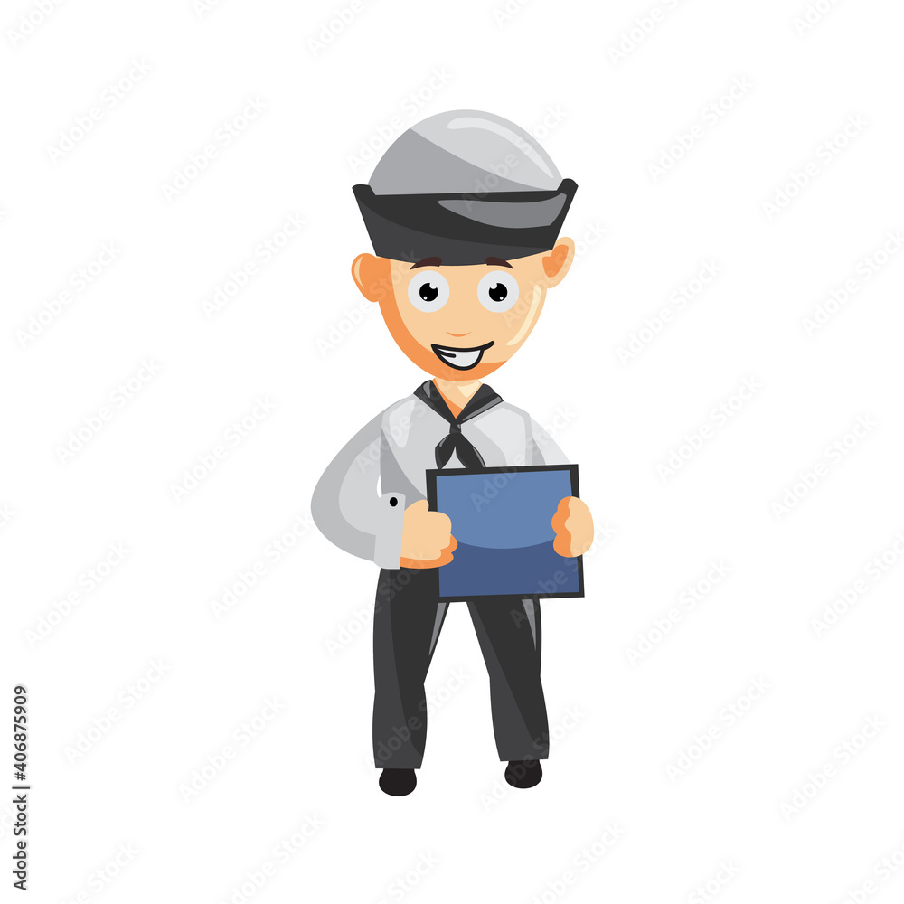 Sailor man Hold Tablet Phone cartoon character Vector illustration in a flat style Isolated Sailor man Hold Tablet Phone cartoon character Vector illustration in a flat style Isolated