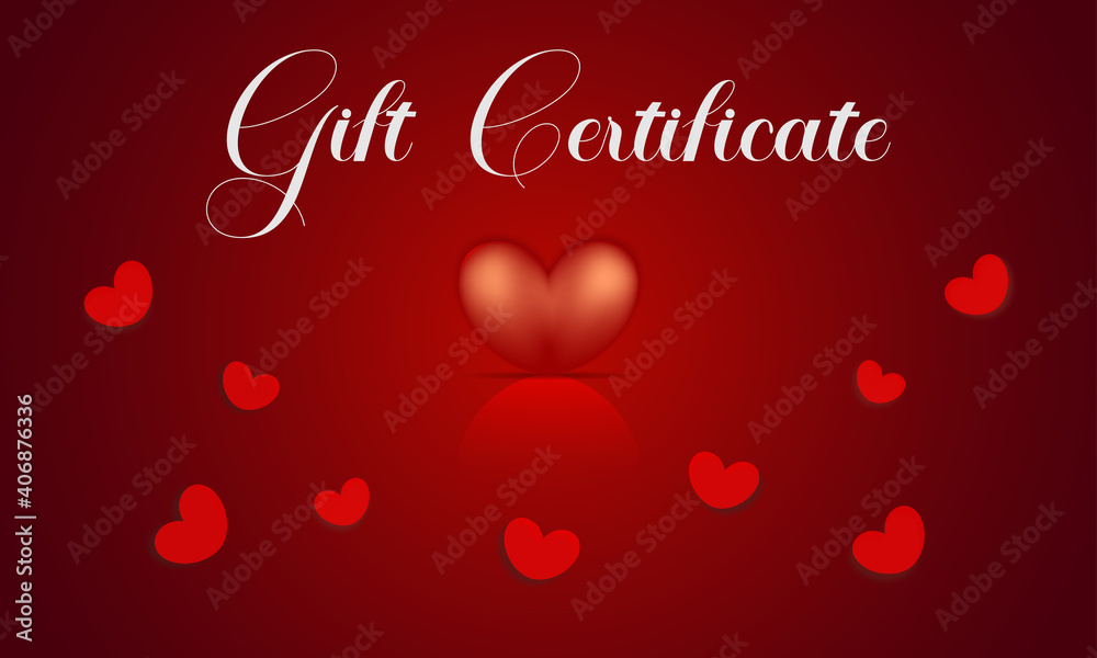 Gift certificate to Valentines Day on the red background with hearts. Illustration.Holiday card