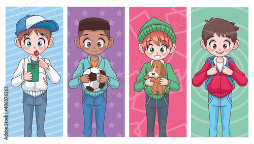 group of four young interracial teenagers boys kids characters
