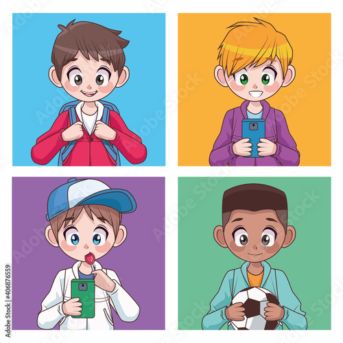 group of four interracial teenagers boys kids characters