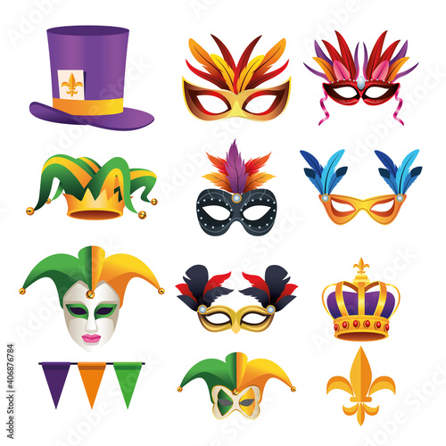 bundle of nine mardi gras carnival celebration set icons in white background