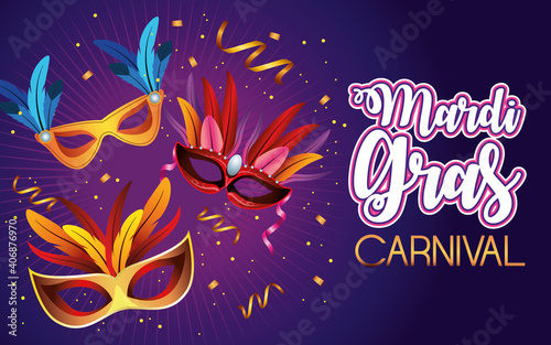 mardi gras carnival celebration lettering with masks and feathers