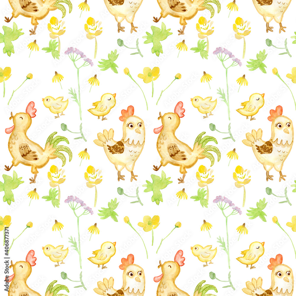 Seamless watercolor pattern. cock rooster, bantam, chicken. Chinese lantern, lamp, bay, orange, mandarin, fan, Asian style. Chinese New Year. New Year. watercolor
