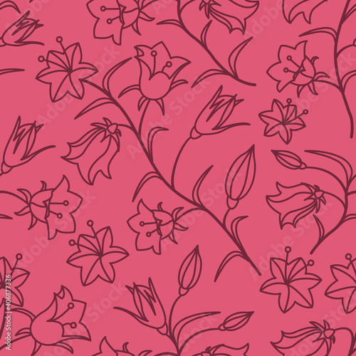 A seamless pattern with the colors of bells. Dark maroon contour on a crimson background. Vector illustration.