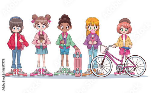 group of five beautiful interracial teenagers girls anime characters