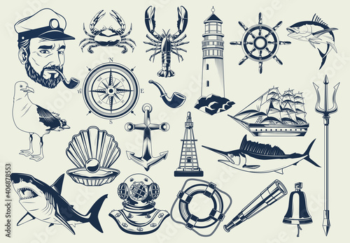 bundle of nautical elements set icons pattern