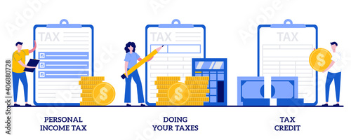 Personal income tax, doing your taxes, tax credit concept with tiny people. Fees paying abstract vector illustration set. Financial charge, obligatory payment calculating metaphor