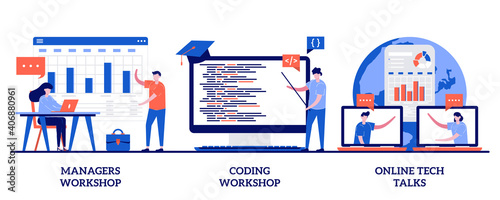 Managers, coding workshop, online tech talks concept with tiny people. Employee skills training abstract vector illustration set. Write code, software development, presentation, web session metaphor