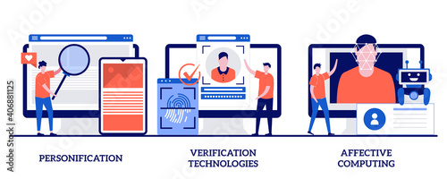 Personification, verification technologies, affective computing with tiny people. Data access and user experience abstract vector illustration set. User password, social media account metaphor