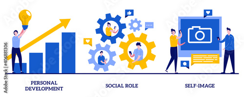 Personal development, social role, self-image concept with tiny people. Human capital abstract vector illustration set. Gender stereotypes, career growth, self improvement, coach metaphor