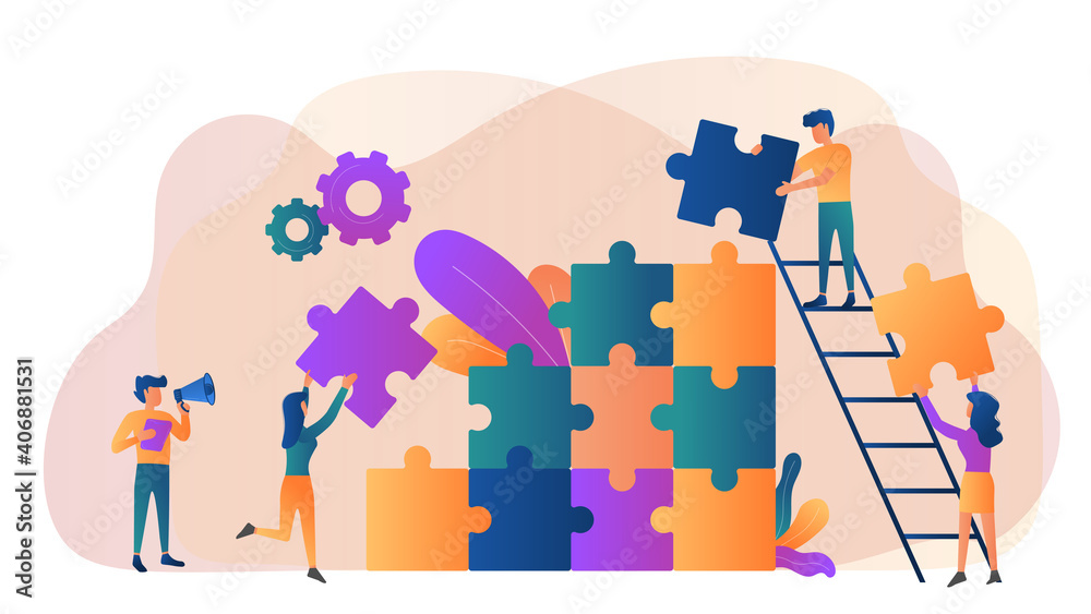 Fototapeta premium Business concept. Team metaphor. people connecting puzzle elements. Vector illustration flat design style. Symbol of teamwork, cooperation, partnership.
