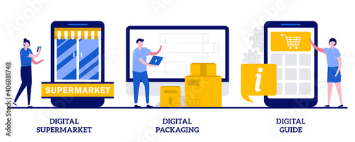 Digital supermarket, packaging and guide concept with tiny people. Online services abstract vector illustration set. AR labels software, online payment, grocery store, mobile guide app metaphor
