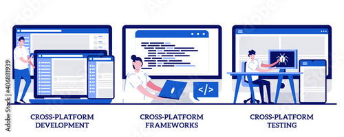 Cross-platform development, framework and testing concept with tiny people. Cross-platform operating system abstract vector illustration set. Code writing, multi platform metaphor