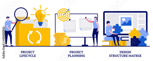 Project life cycle and planning, design structure matrix concept with tiny people. Business case abstract vector illustration set. Business analysis, visual representation metaphor