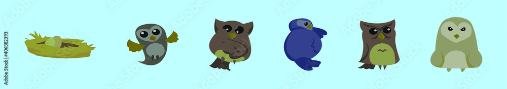set of barn owl cartoon icon design template with various models. vector illustration isolated on blue background set of barn owl cartoon icon design template with various models. vector illustration isolated on blue background