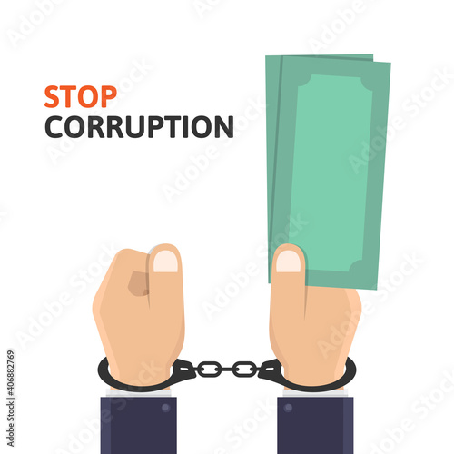 Stop corruption, business hand hold money and handcuffed design vector illustration