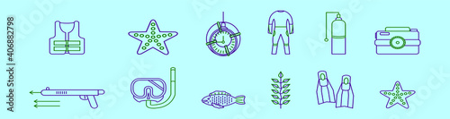 set of spearfishing cartoon icon design template with various models. vector illustration isolated on blue background