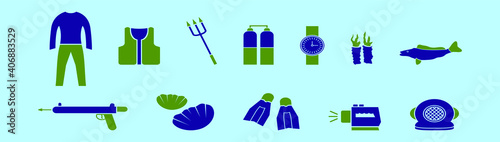 set of spearfishing cartoon icon design template with various models. vector illustration isolated on blue background