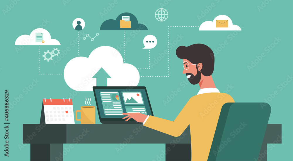 businessman using laptop computer upload and download information and data on cloud computing technology network, work from home and anywhere, vector flat illustration