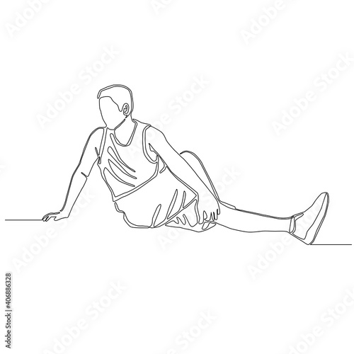 Continuous drawing line of man crossing his leg in other side and using left elbow pushing knee for stretching body. warming up before exercise vector